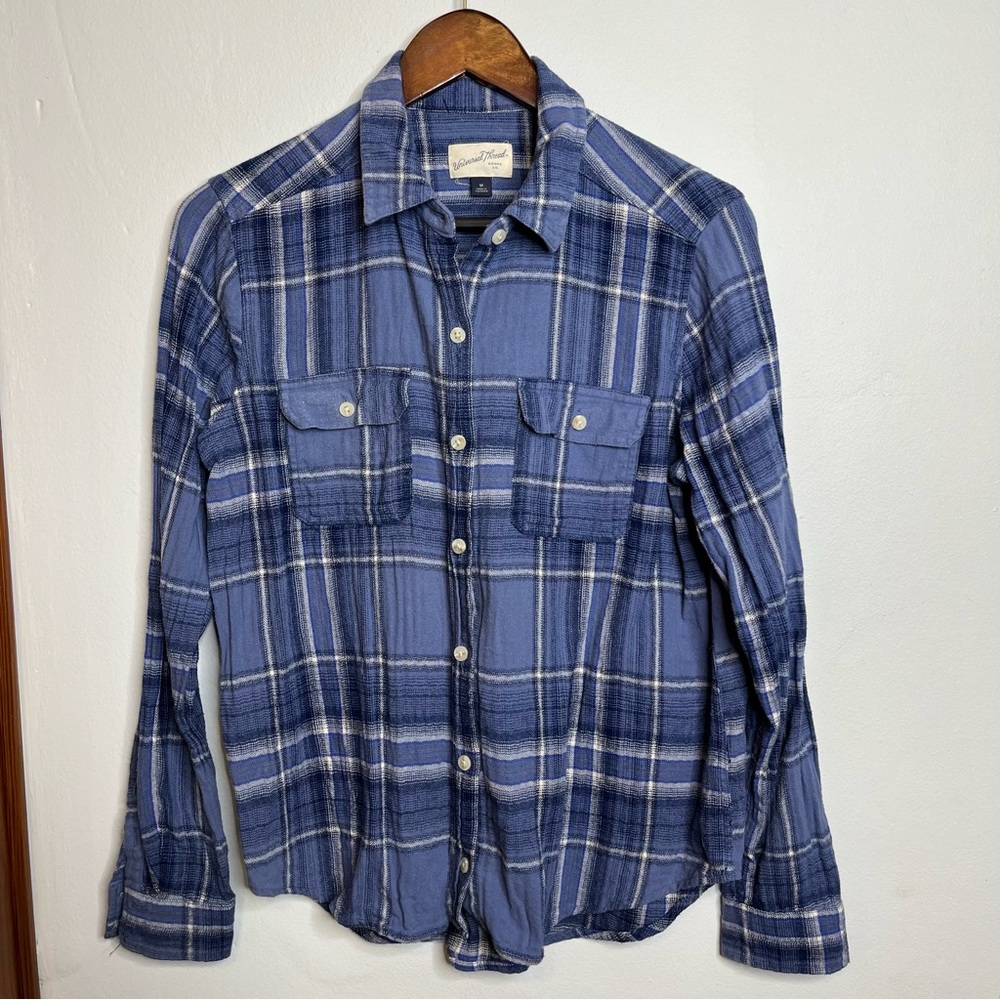 Universal Thread Blue White Plaid Cotton Flannel Button Up Long Sleeve Medium